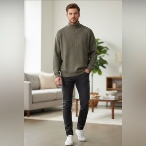 Repeat Cashmere Wool Blend Ribbed Quarter Zip Sweater Olive Green